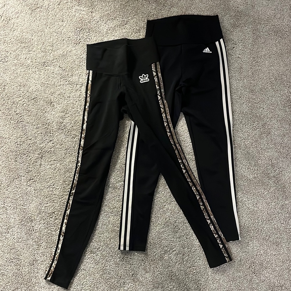 2 pairs Adidas track leggings animal print and white stripes